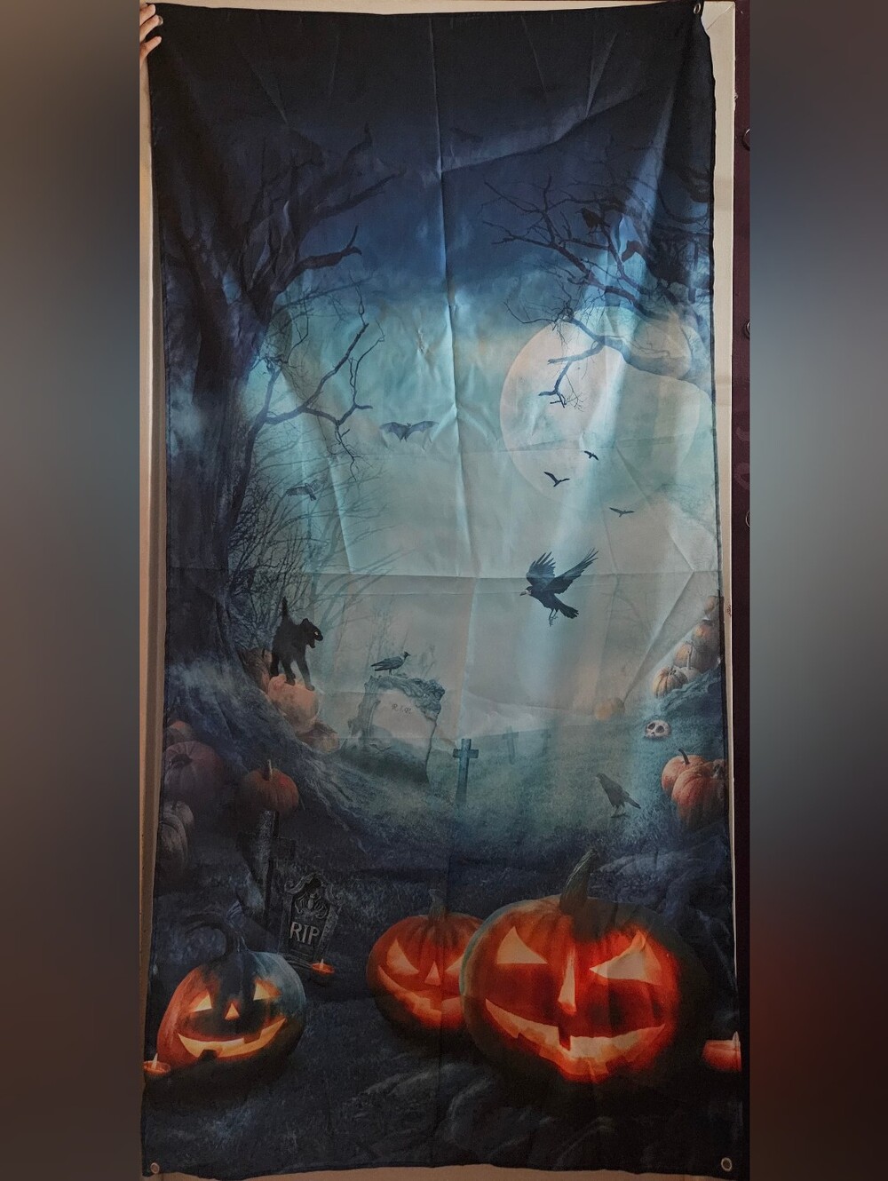 Halloween Pumpkin & Moonlit Graveyard Door Decor - Blue Orange